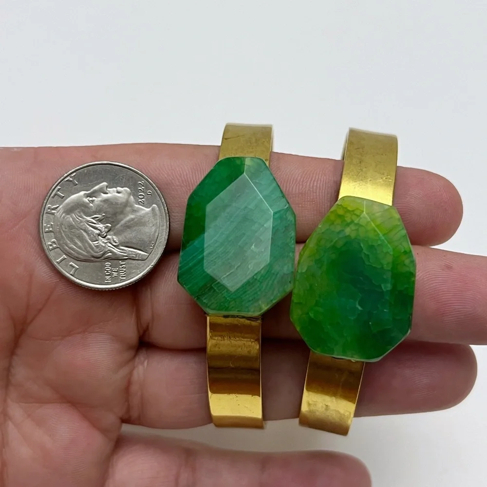 Set of 2 Goldtone Green Agate Stone Cuff Bracelets